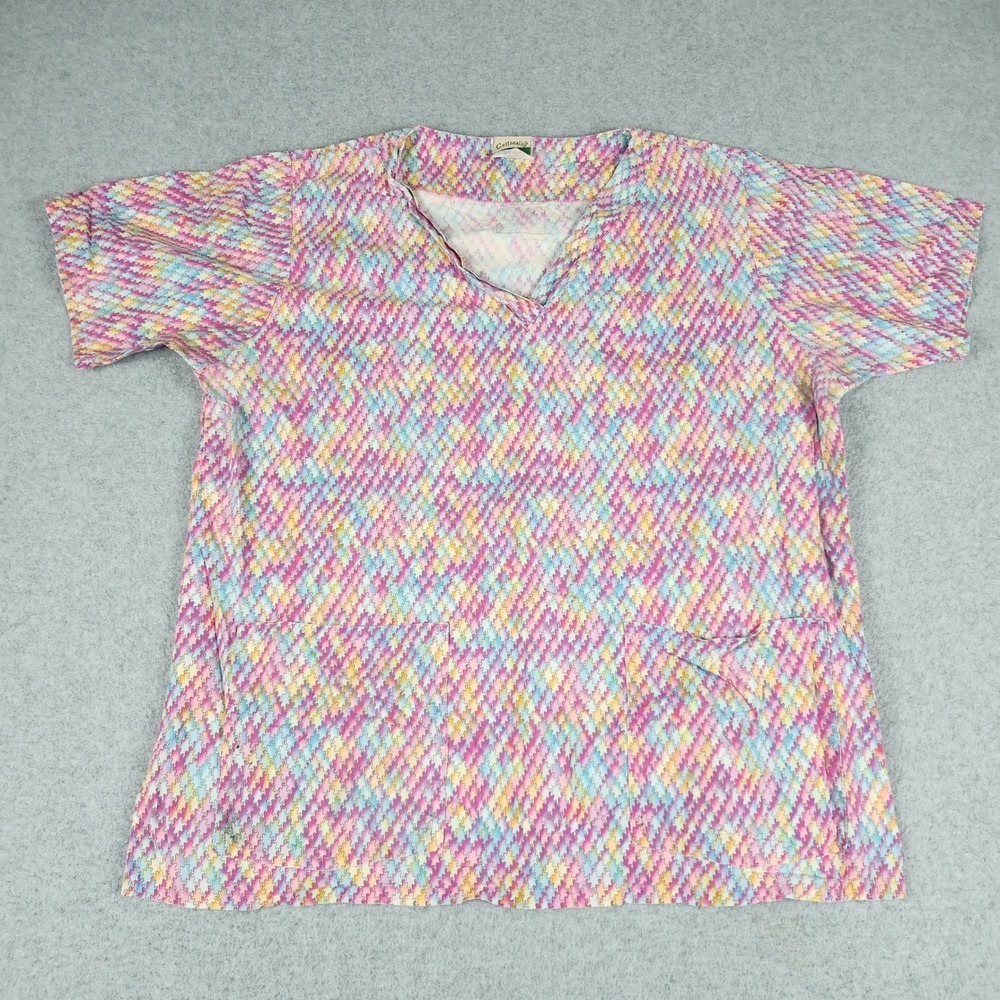 Cottonality Scrub Top Womens Large Multicolor Puzzle Piece Print Cotton V-Neck